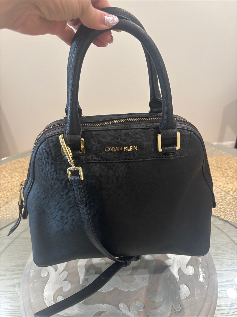Calvin Klein Black Leather Dome Satchel with Gold Hardware - Picture 12 of 13